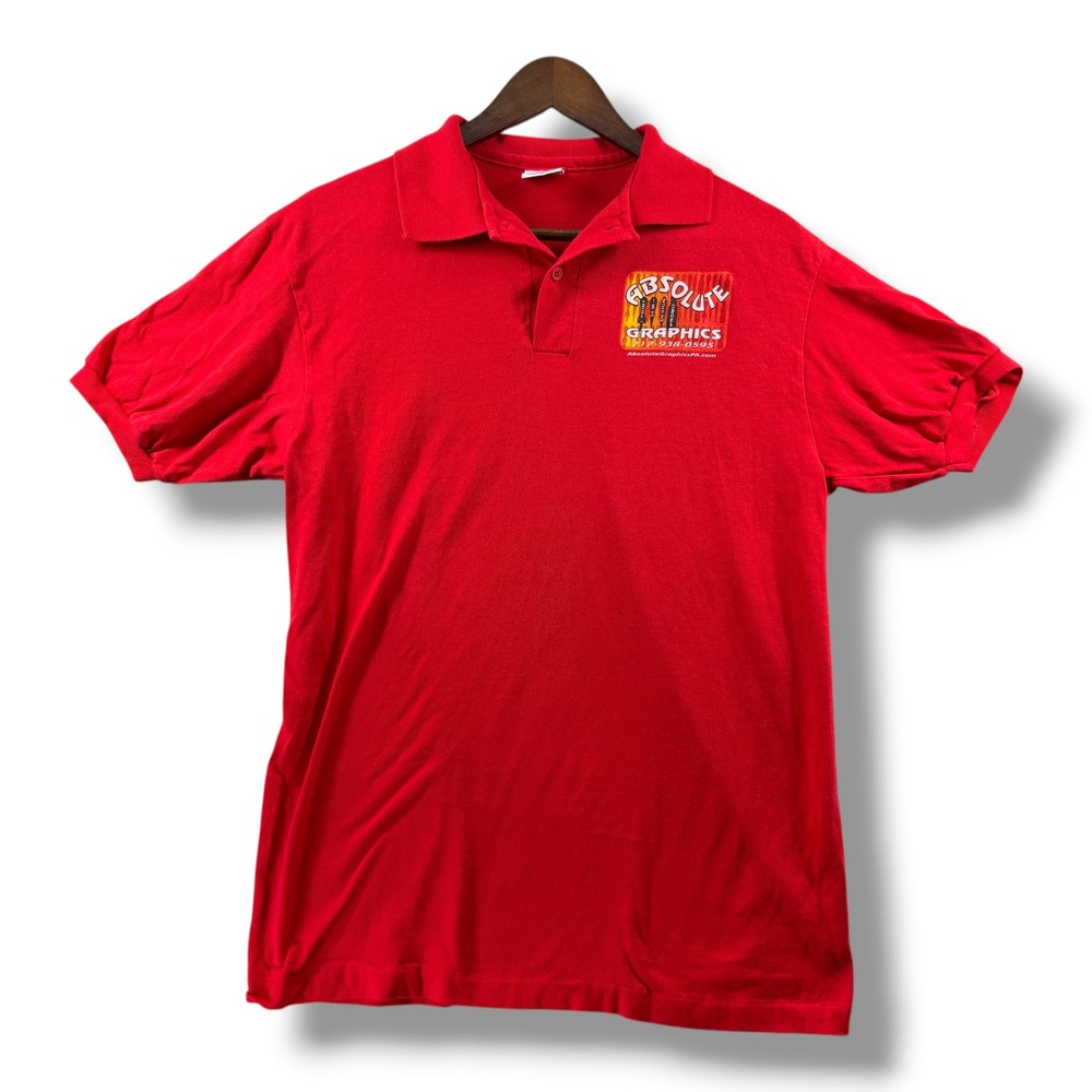 Vintage Anvil Red Absolute Graphics Polo Shirt Mens Large Made in USA Graphic